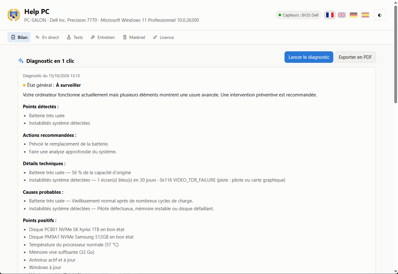 Le diagnostic en 1 clic : état général, points détectés, actions recommandées.